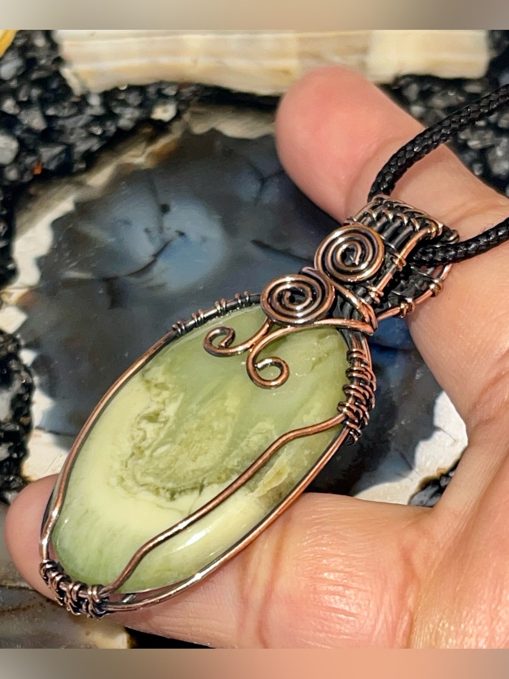 Copper Wire-wrapped Petrified Wood Green Larsonite Pendant 2 1/4”